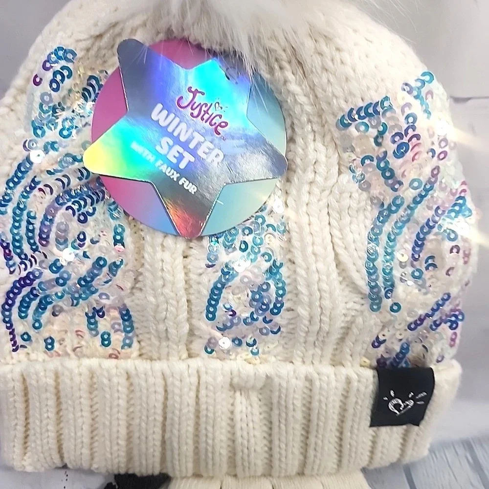 Justice Girls WHITE CBL Knit Sequin Beanie w/faux fur & Gloves 2-Piece Set NWT